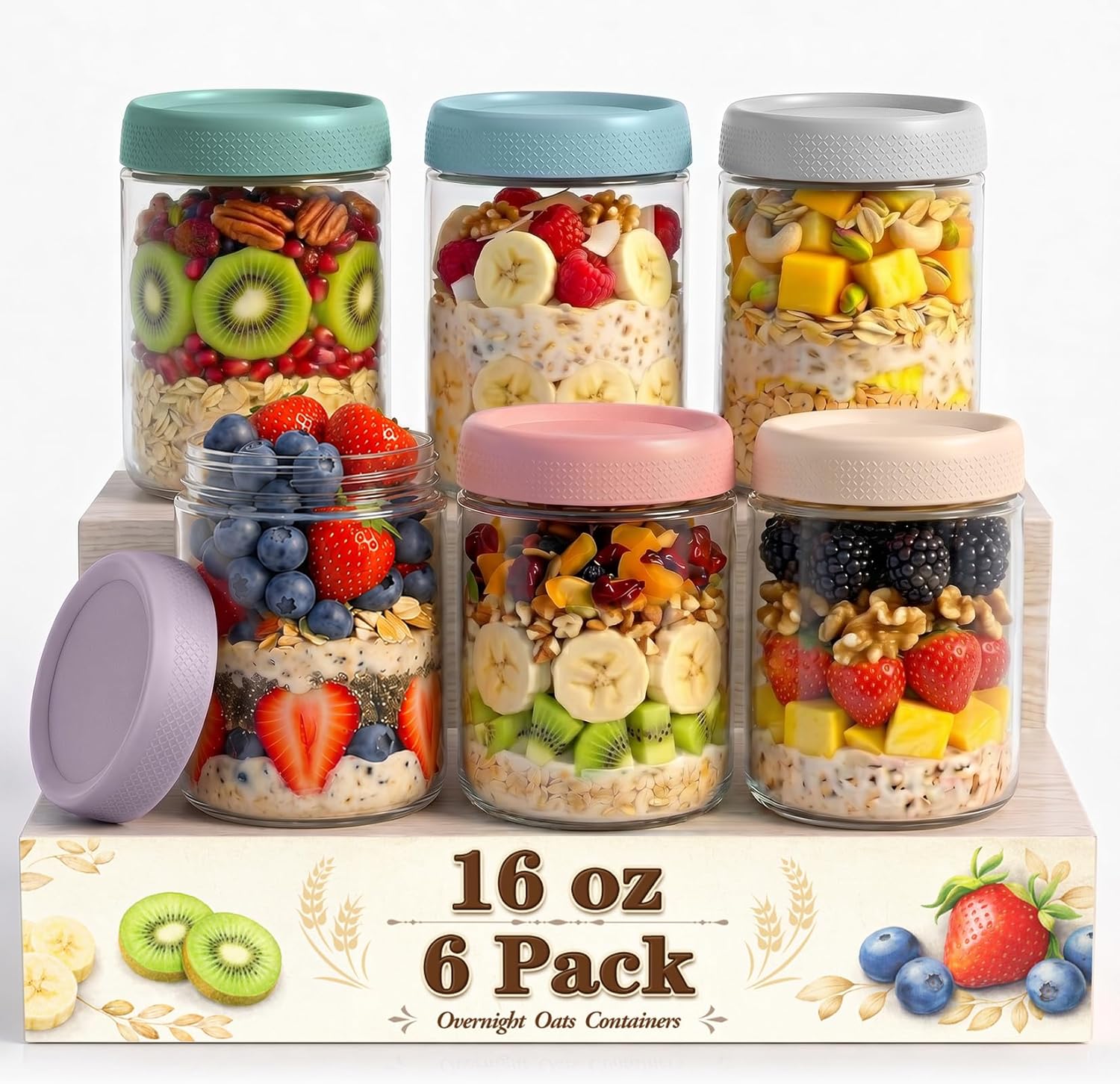 Meal Prep Chia Pudding - 6 Pack 16oz Overnight Oats Containers